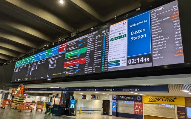 Euston's giant screen switched back ON - with train times not adverts
